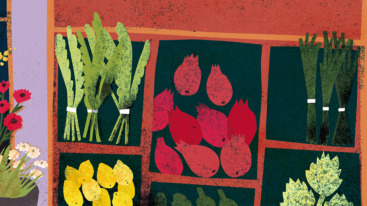 illustratie van seizoensgroenten in een marktkraampje