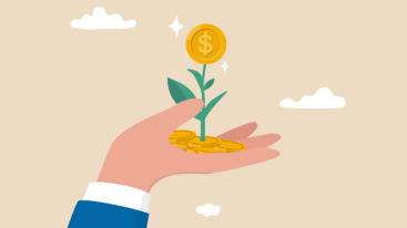 Investment growth, prosperity or earn more money from savings, mutual funds or opportunity to make profit and increase wealth, businessman investor hand holding money flower plant from pile of coins.