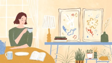 illustratie van een meisje met een kop koffie die nadenkt