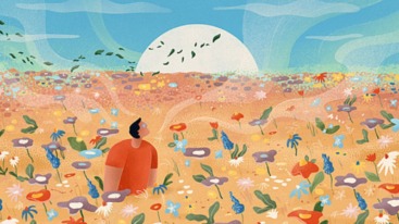 illustratie van iemand in een bloemenveld