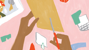 illustratie van handen die in papier knippen en aan het craften zijn