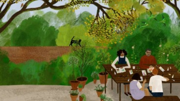 Illustratie van mensen die aan een tafel zitten in een tuin en aan het schilderen zijn