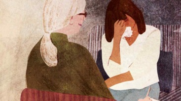 Illustratie van een dame die huilend bij een psycholoog zit