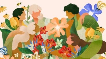 Een surrealistische illustratie van verschillende mensen die met elkaar vervlochten zijn in een fantasiewereld