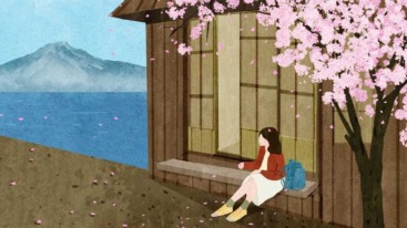 illustratie van een dame met een rugzak voor een huis in Japan naast een Japanse kersenbloesem