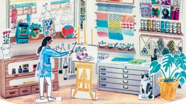 illustratie van een dame die een schilderij aan maken is in een papierwinkel
