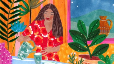 Illustratie van een dame die verdrietig kijkt en zichzelf een kop thee inschenkt