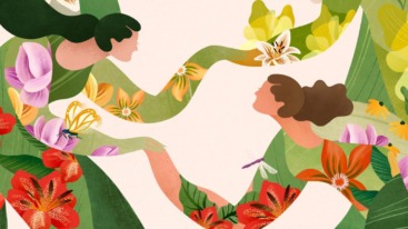 illustratie van twee dames in een fantasiewereld die liefde aan elkaar uiten