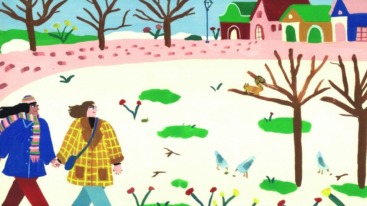 illustratie van twee vrouwen die wandelen in de winter