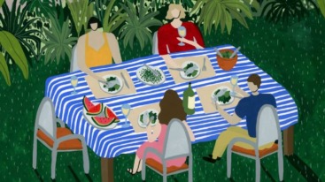 illustratie van vier mensen die in een groene tuin met elkaar aan het dineren zijn.