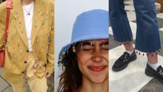 voorbeelden van kleding upcyclen met kralen: hoedje, jasje en broek