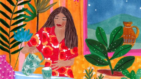 Vrouw neemt wazig gevoel uit haar hoofd weg door toevoegen groen aan omgeving.