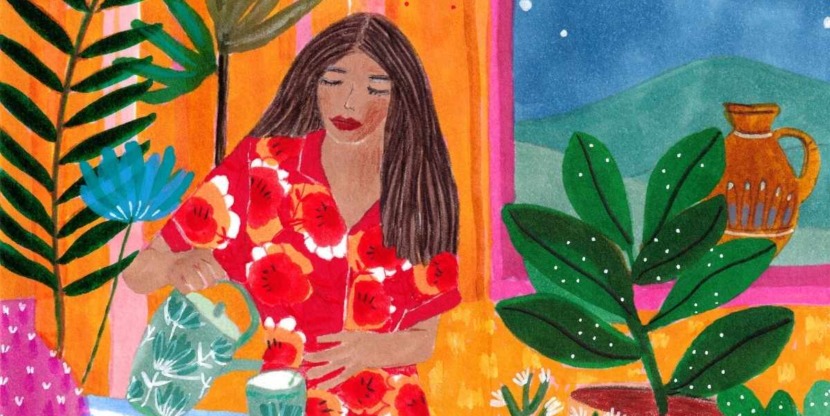 Vrouw neemt wazig gevoel uit haar hoofd weg door toevoegen groen aan omgeving.