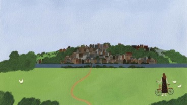 bezienswaardigheden in Friesland, illustratie Yelena Bryksenkova van landschap en vrouw met fiets