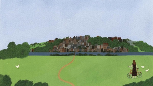 bezienswaardigheden in Friesland, illustratie Yelena Bryksenkova van landschap en vrouw met fiets