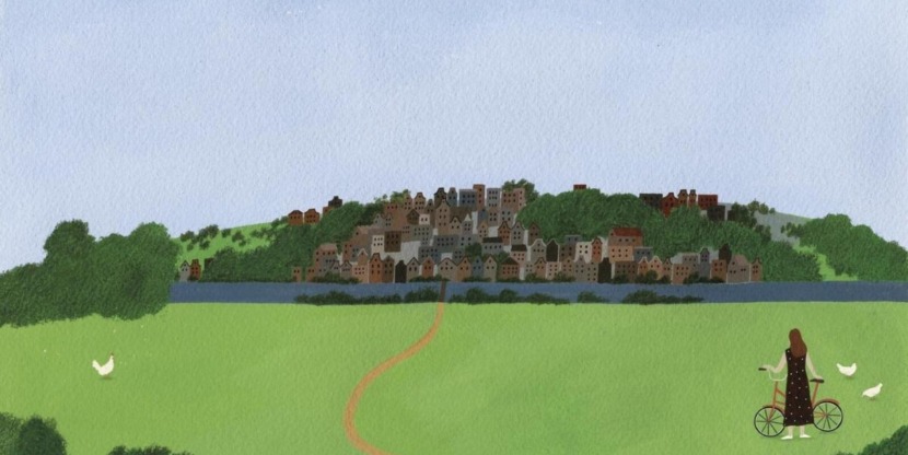 bezienswaardigheden in Friesland, illustratie Yelena Bryksenkova van landschap en vrouw met fiets